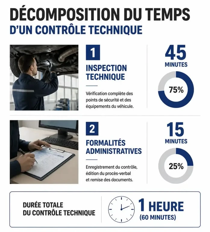 Infographie durée contrôle technique : temps d'inspection et temps total pour le contrôle technique
