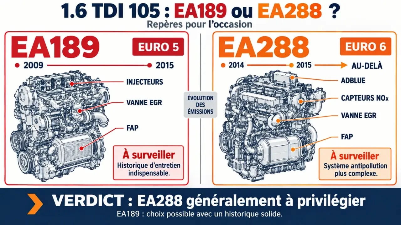 Infographie sur la fiabilité 1.6 TDI 105 comparant les générations EA189 et EA288
