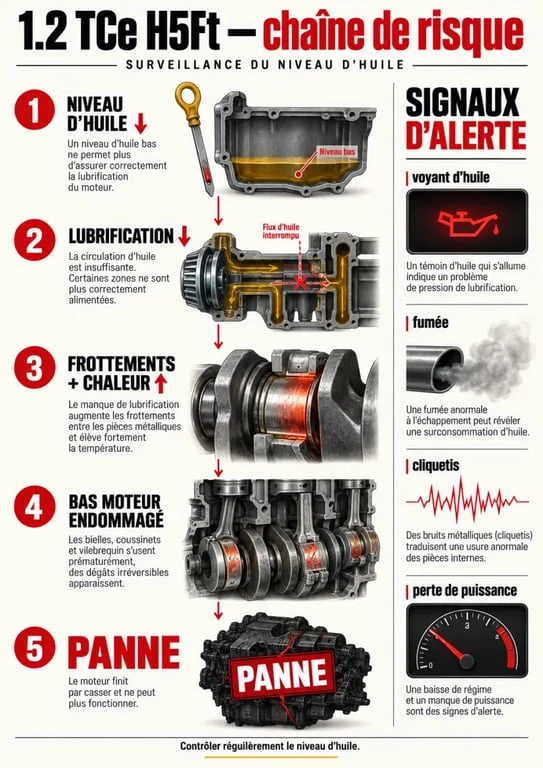 Infographie pédagogique sur les signes et mécanismes d’une casse moteur Renault 1.2 TCe