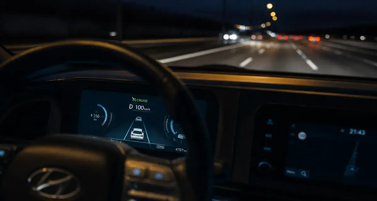 Mettre regulateur intelligent sur tucson hybride, mode CRUISE affiché sur autoroute de nuit