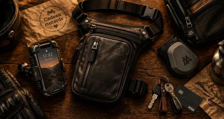 Cadeau pour motarde, sacoche cuir et accessoires en vue de dessus