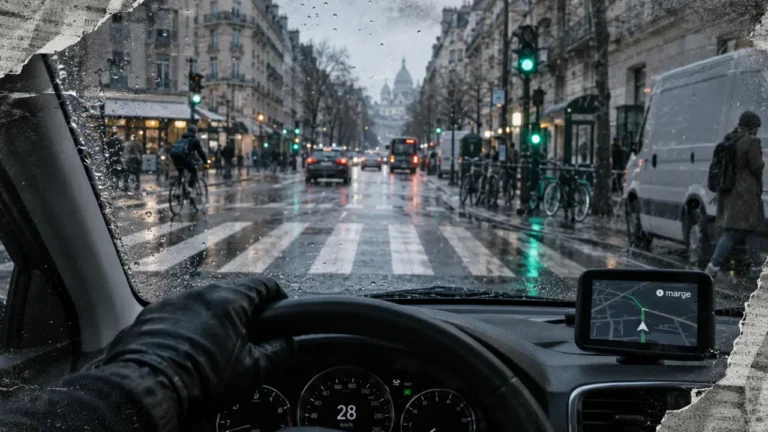 Conduite urbaine : freiner sans précipitation, pare-brise avec ville dense