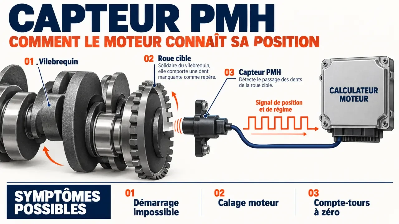 Symptôme capteur PMH défaillant : schéma du capteur de vilebrequin et de son signal vers le calculateur